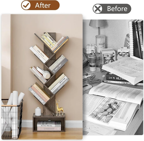 6 Tier Tree Bookshelf Bookcase With Drawer Grey Office